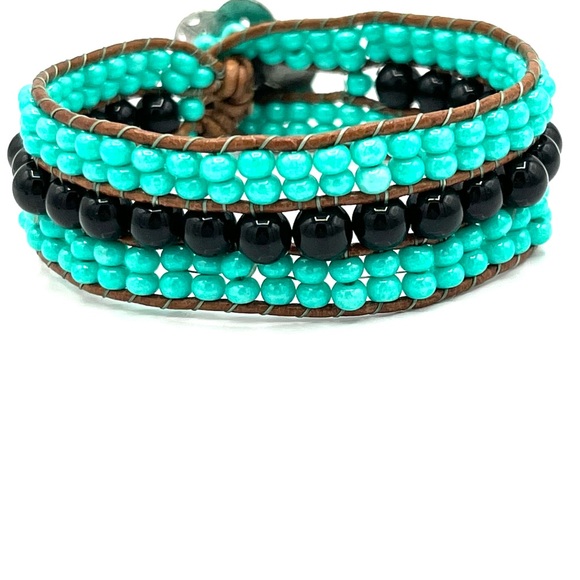 HAND CRAFTED Turquoise and Black Onyx Triple Cuff Leather Bracelet - Picture 8 of 13